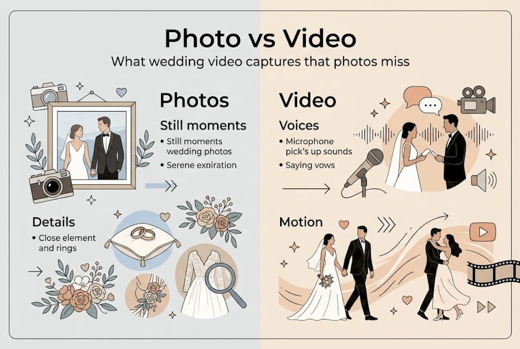 Infographic contrasting wedding photos and video features