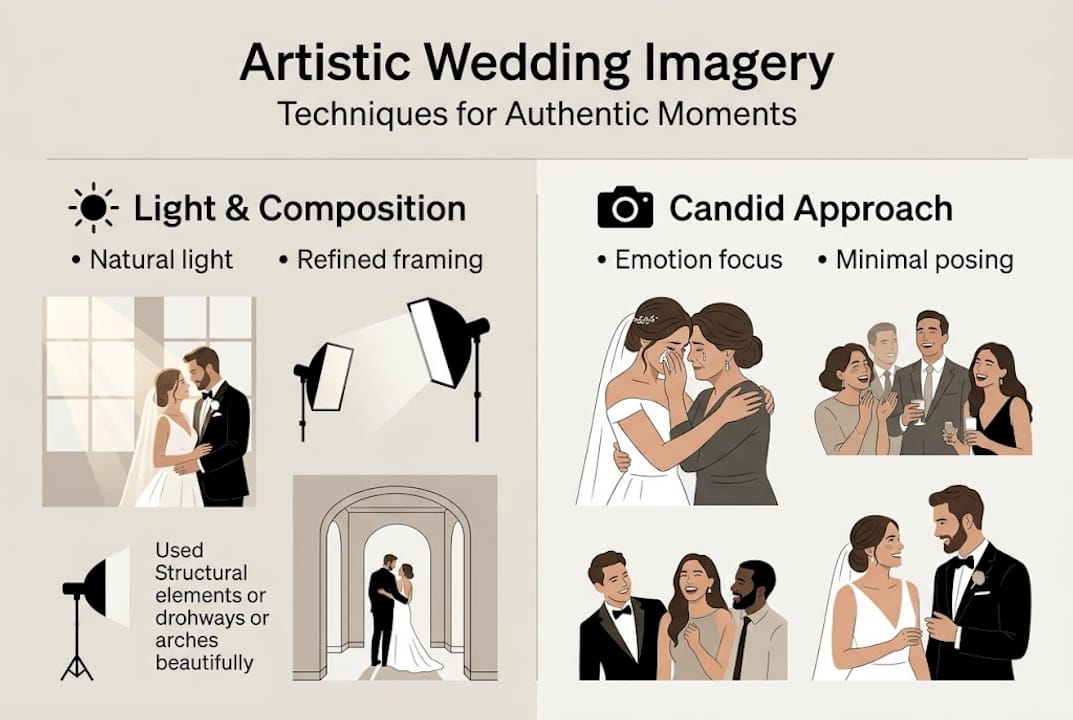 Infographic on artistic wedding photography key techniques