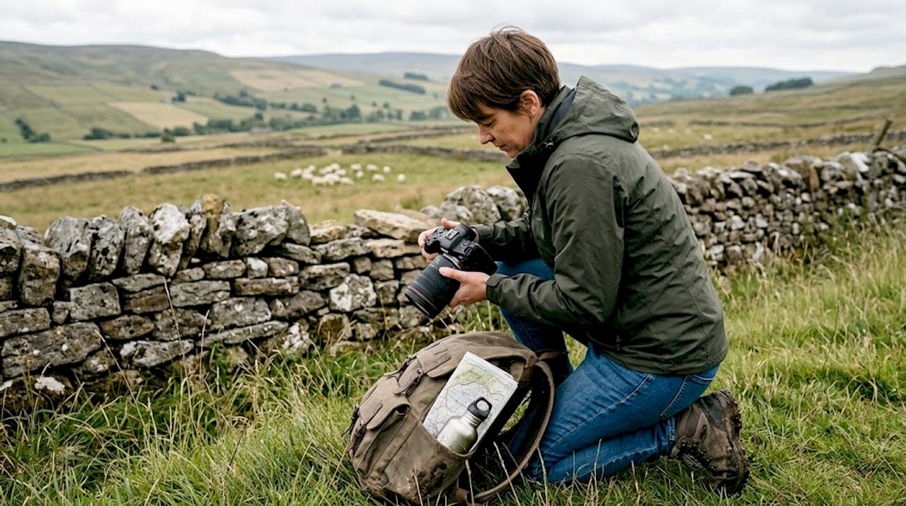 Photographer prepares outdoor Yorkshire wedding shoot