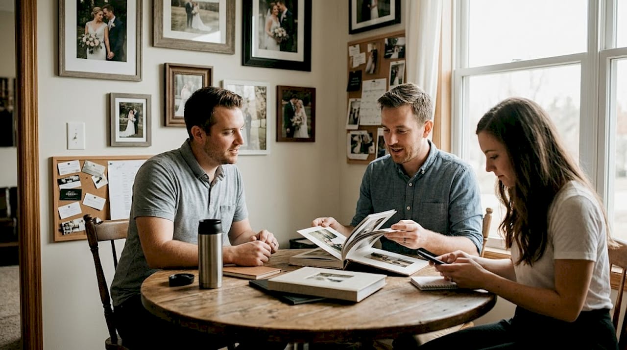 Photographer reviews wedding albums with couple
