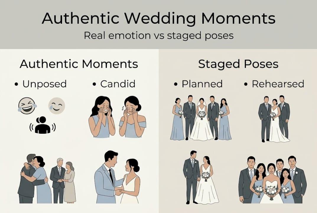 Infographic showing authentic versus staged wedding moments