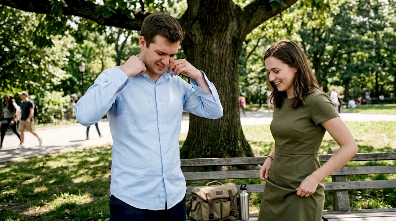 Couple uncomfortable in ill-fitting clothes outdoors
