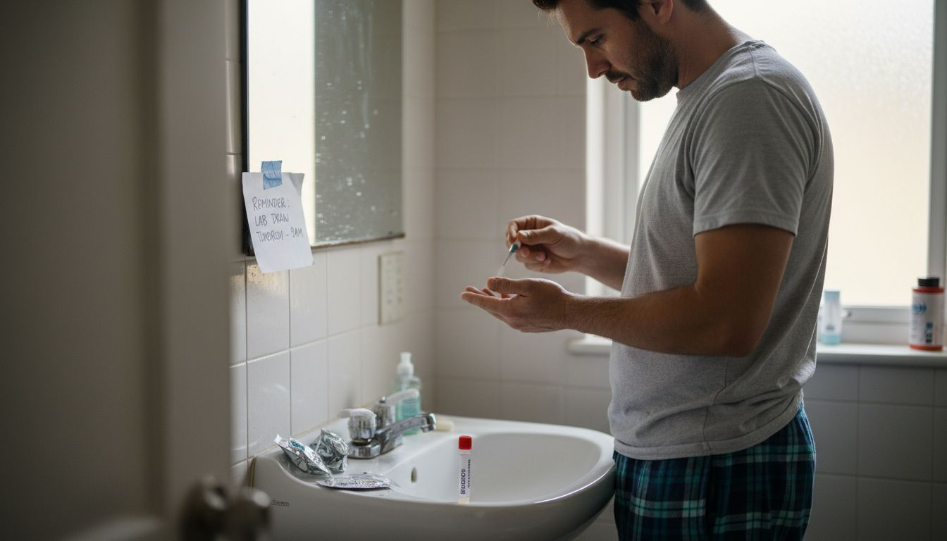 Man collecting biomarker sample at bathroom sink
