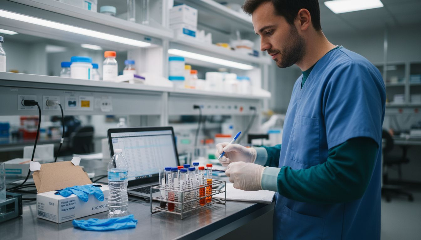 Lab technician analyzing biomarker samples in lab