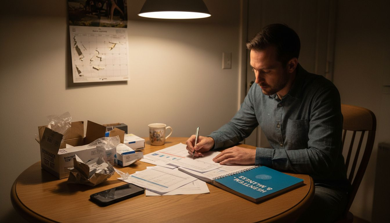 Man updating health journal with test results
