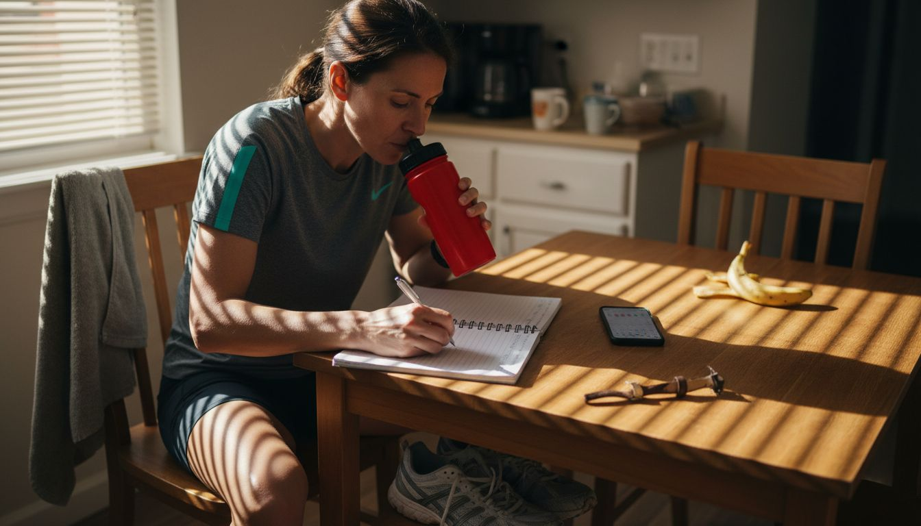 Athlete journaling recovery at kitchen table