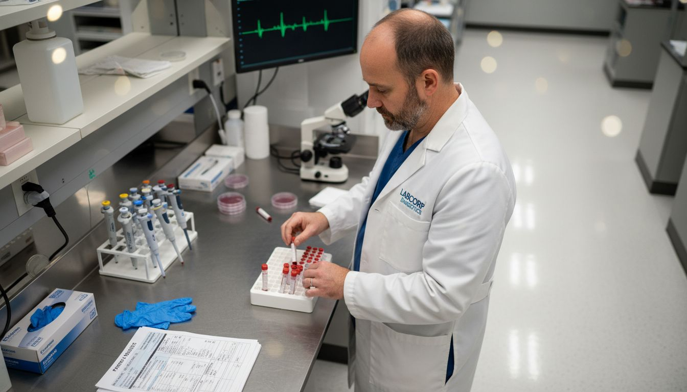 Lab technician analyzing biomarker blood samples