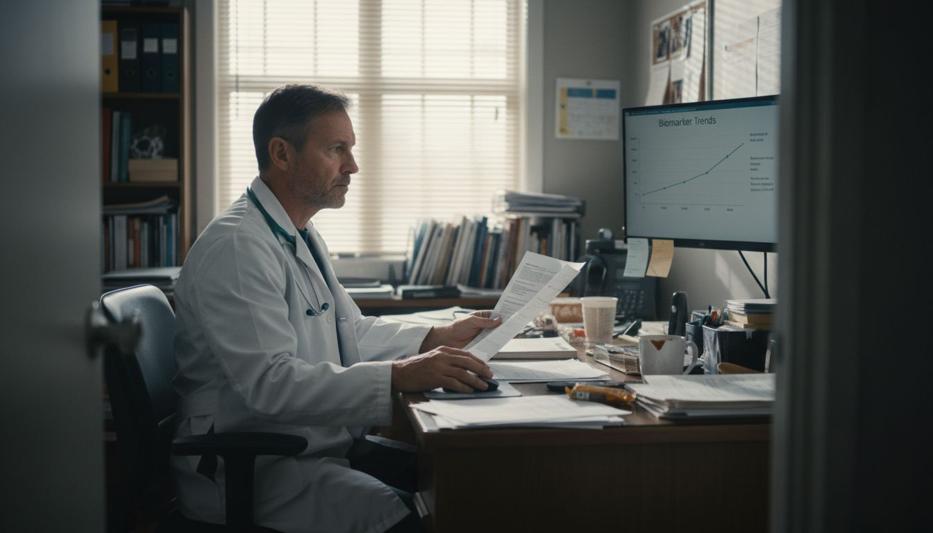 Doctor reading patient biomarker trends report