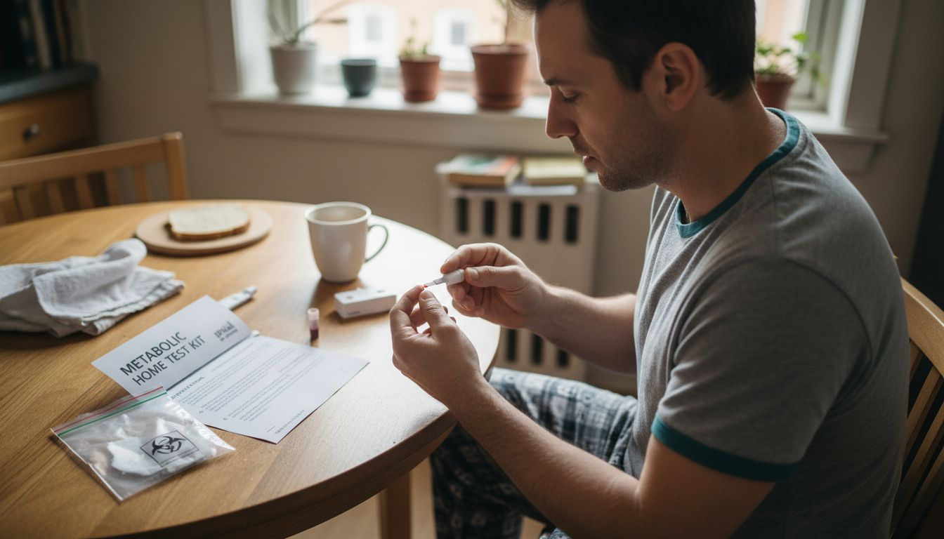 Man using home metabolic test kit at kitchen table