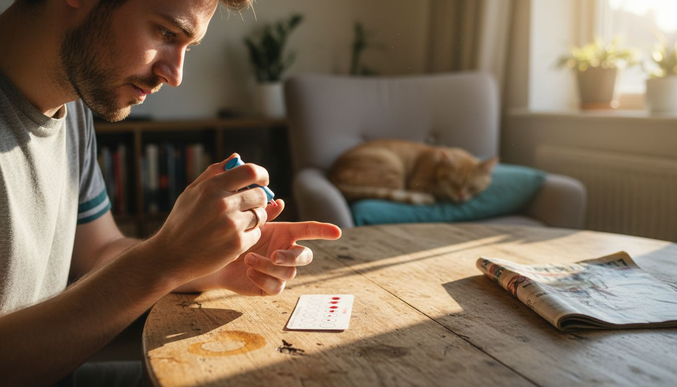 Man collecting blood sample at dining table