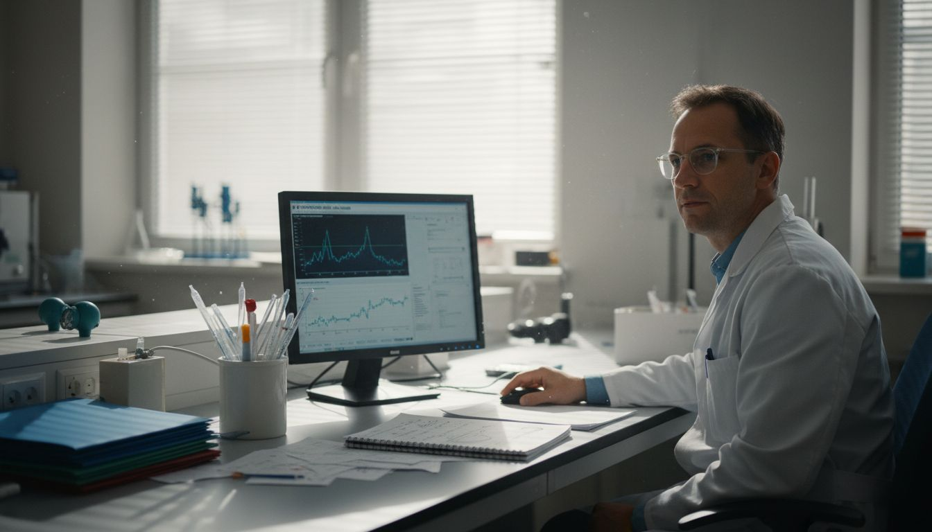 Scientist reviewing biomarker analysis results at desk