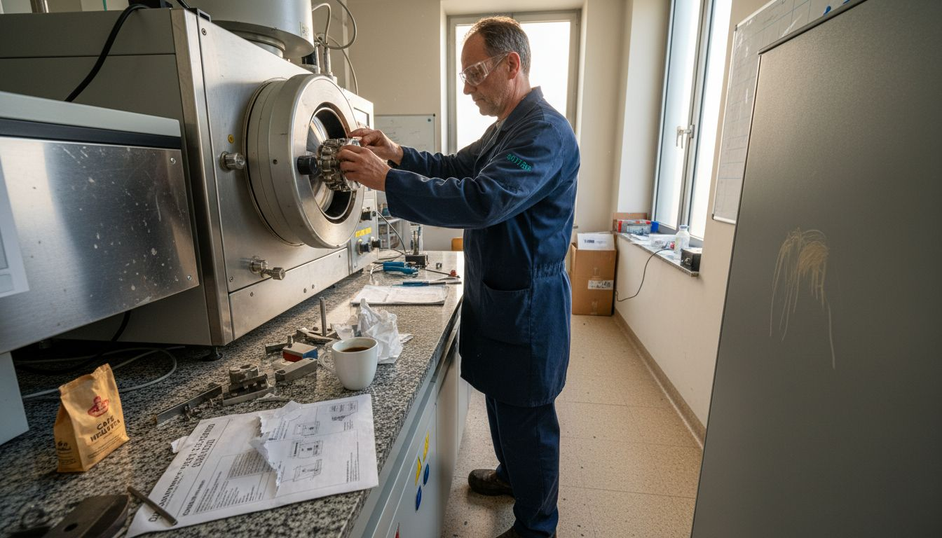 Technician operating mass spectrometer in clinical lab