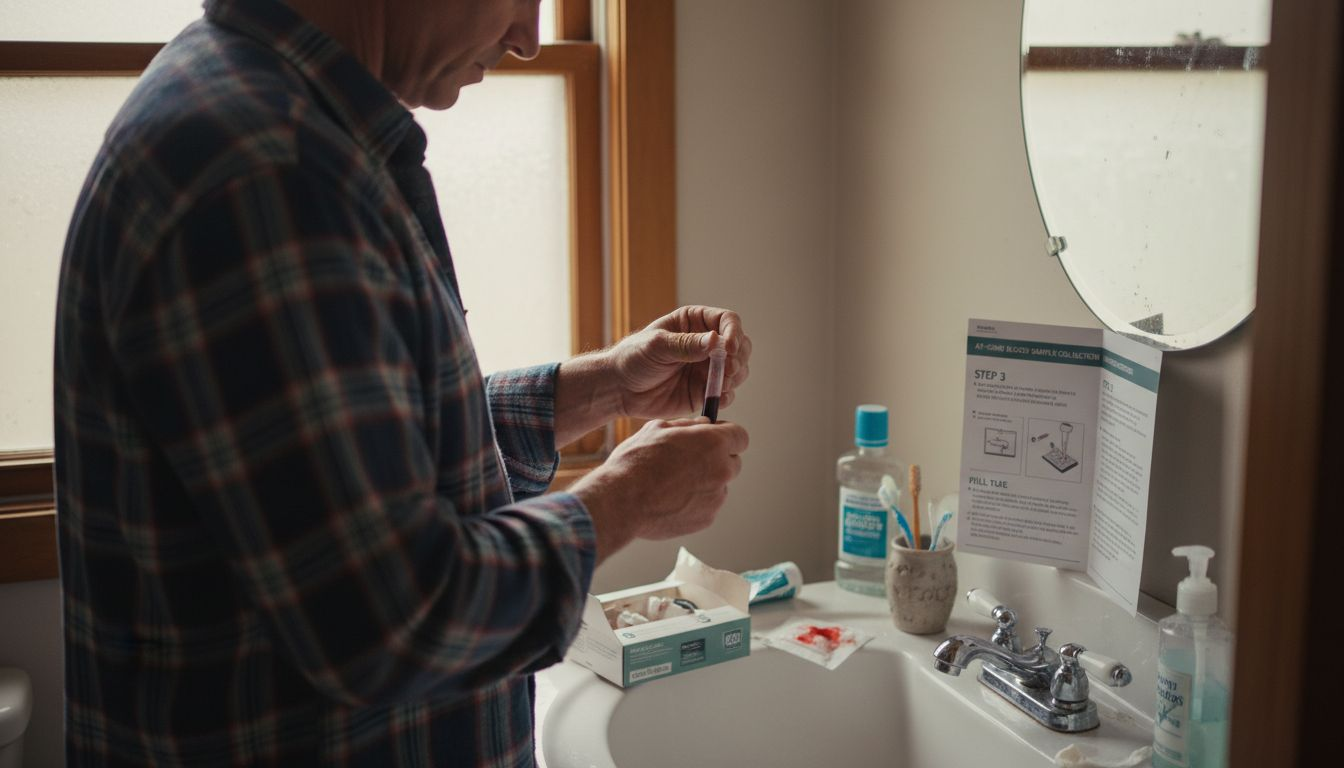 Man collecting blood sample in home bathroom