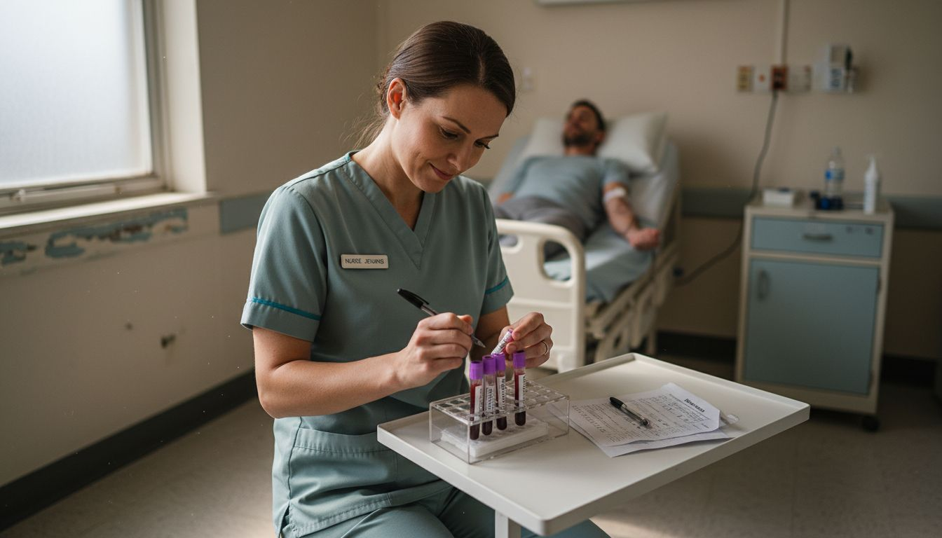 Nurse collecting and labeling patient blood sample