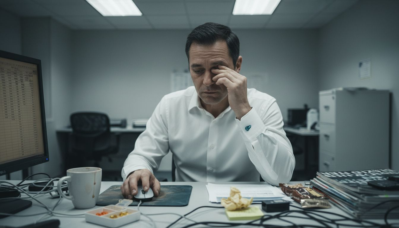 Fatigued office worker showing signs of deficiency