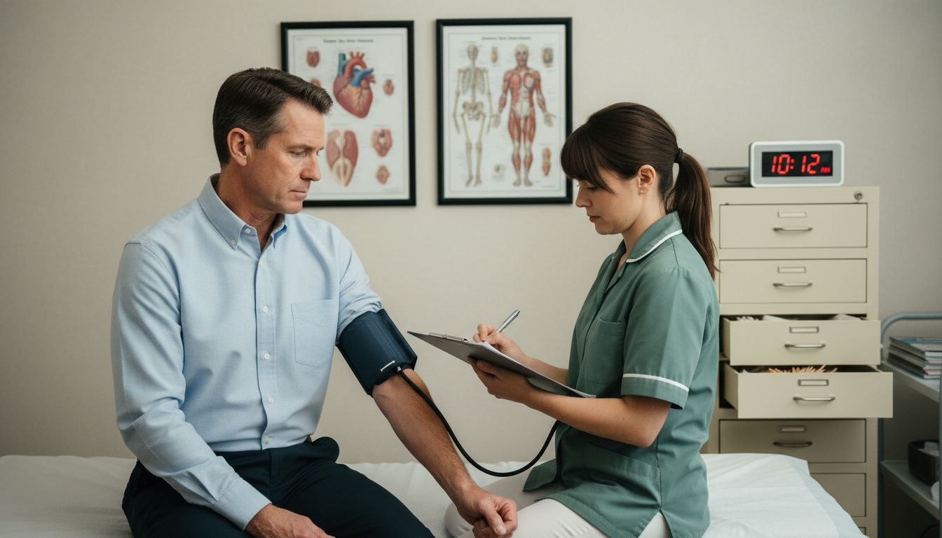 Nurse taking blood pressure for hormone testing