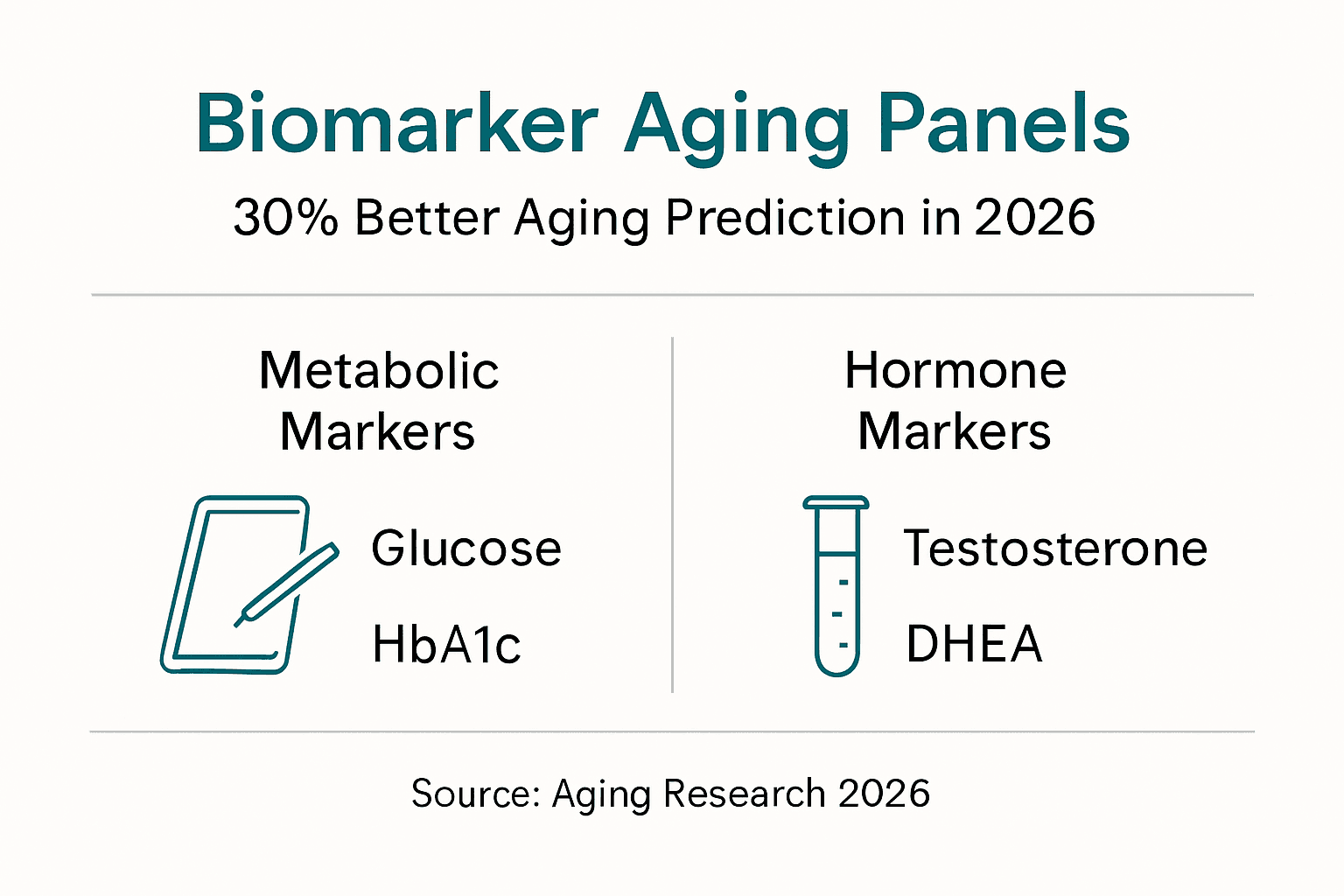 Infographic with biomarker panels for aging prediction