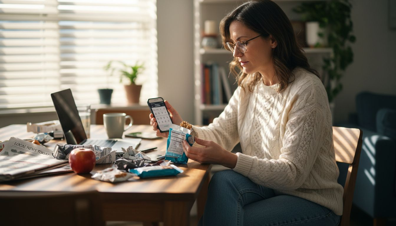 Woman calculating label calories at dining table