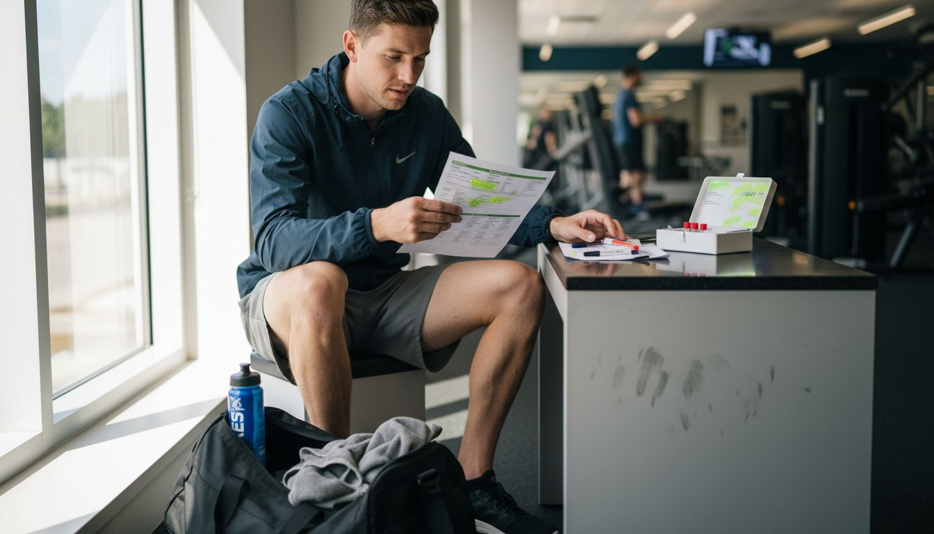 Athlete checks biomarker report at gym kiosk