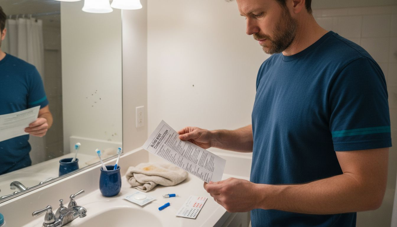 Man preparing blood sample at bathroom counter