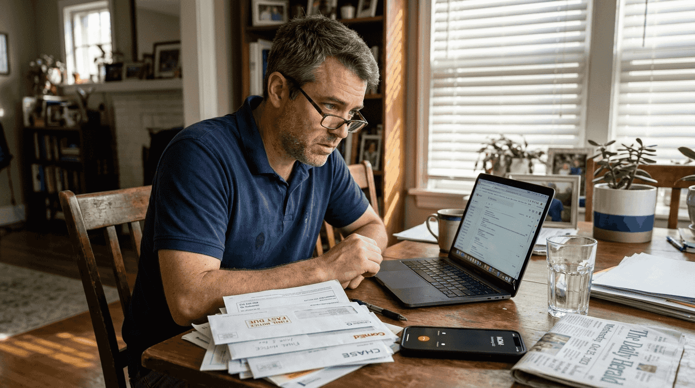 Man distracted by stress at home table