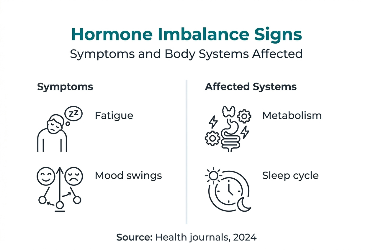 Infographic showing hormone imbalance symptoms and systems