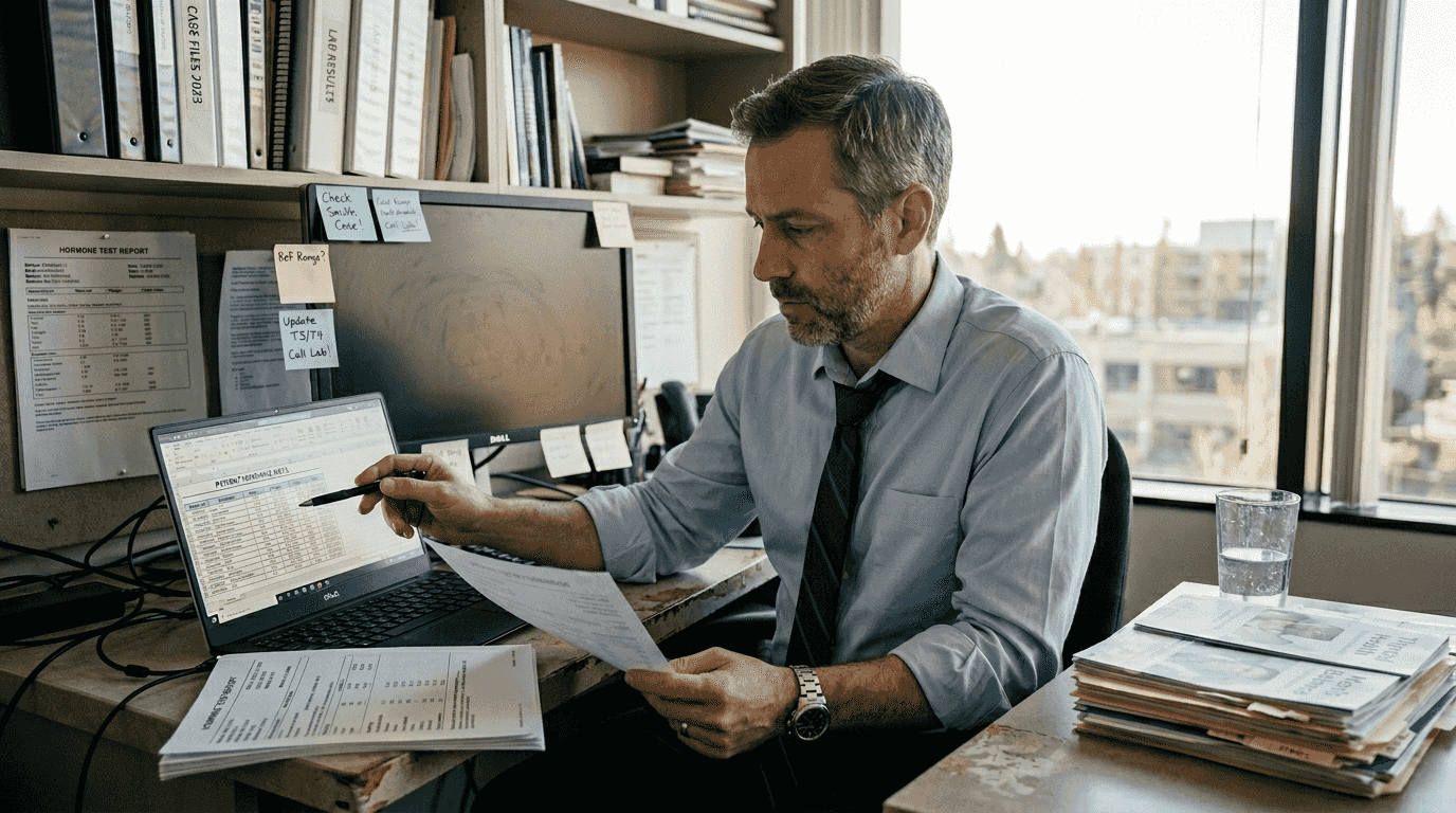 Man comparing hormone test results at desk