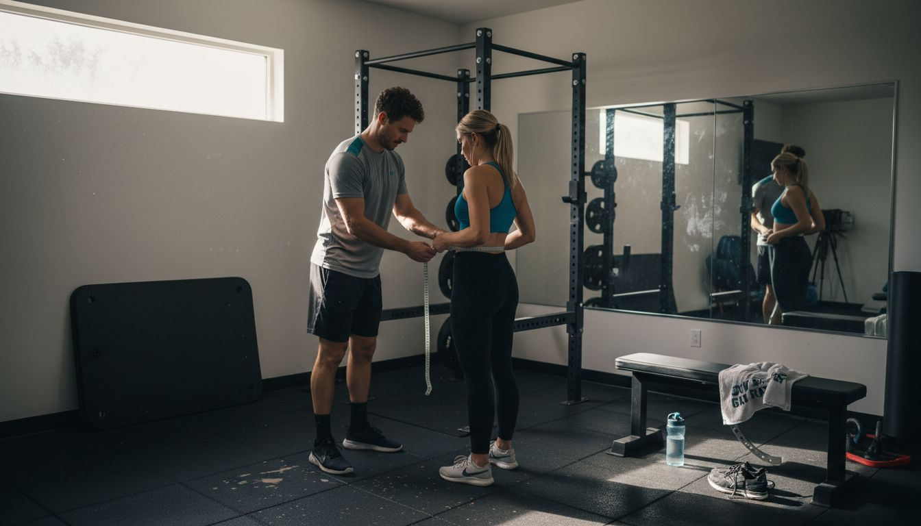 Trainer measuring client’s waist in busy gym