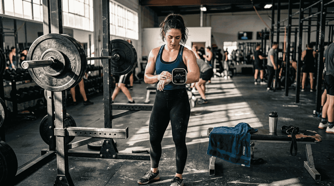 Athlete checks metabolic output in gym