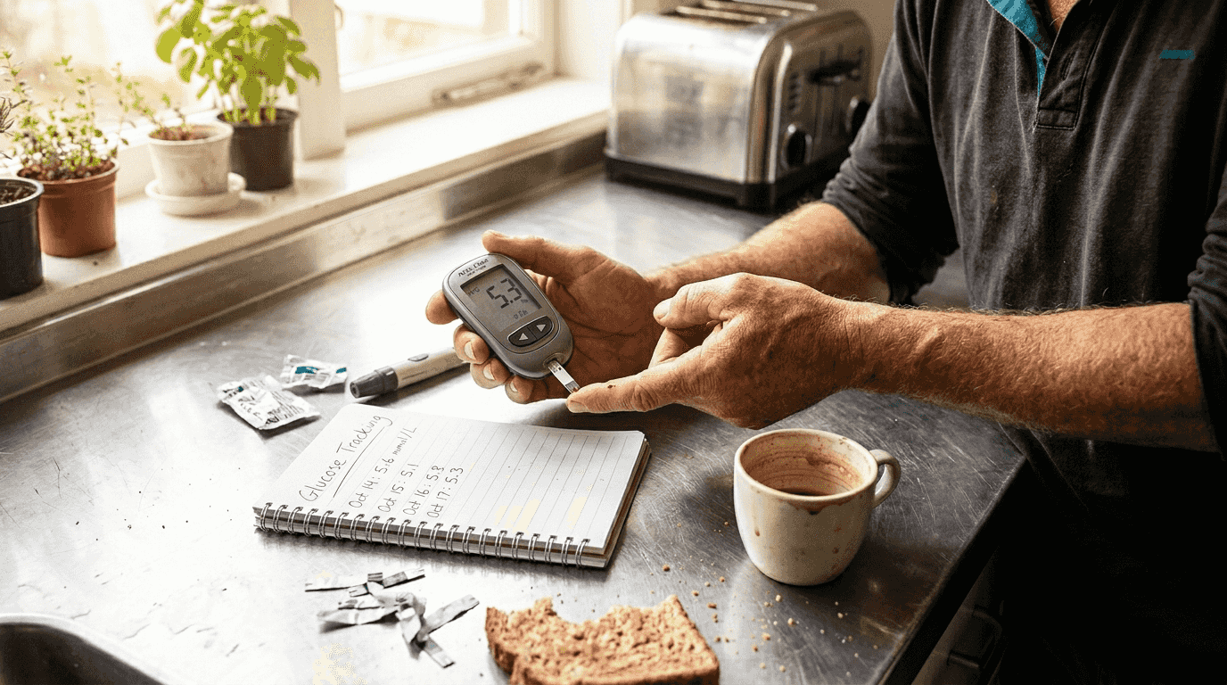 Hands using blood glucose monitor kitchen scene