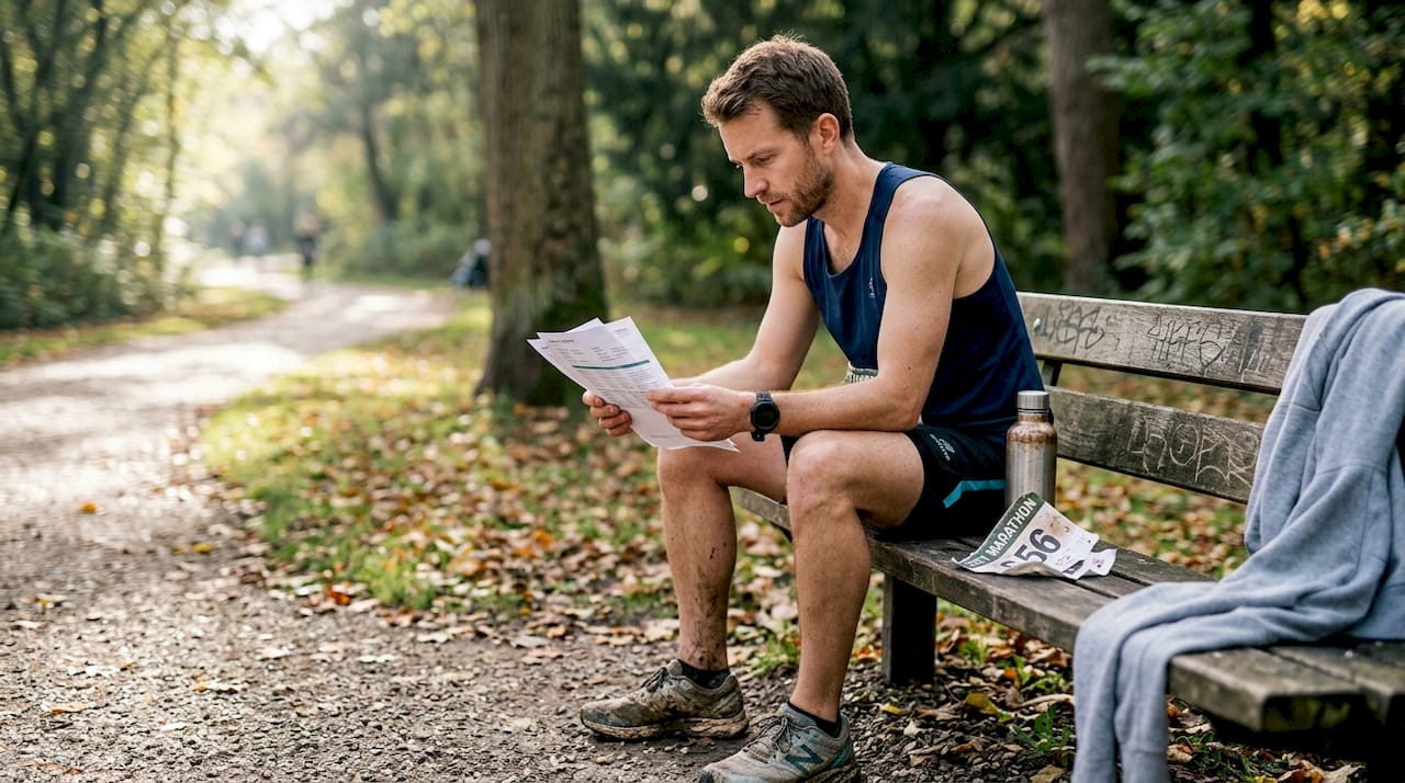 Runner on park bench reviews health results