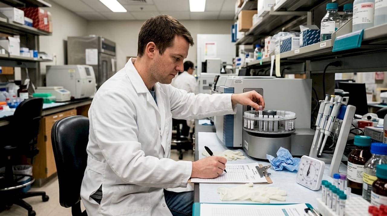 Technician analyzing blood samples for hormones