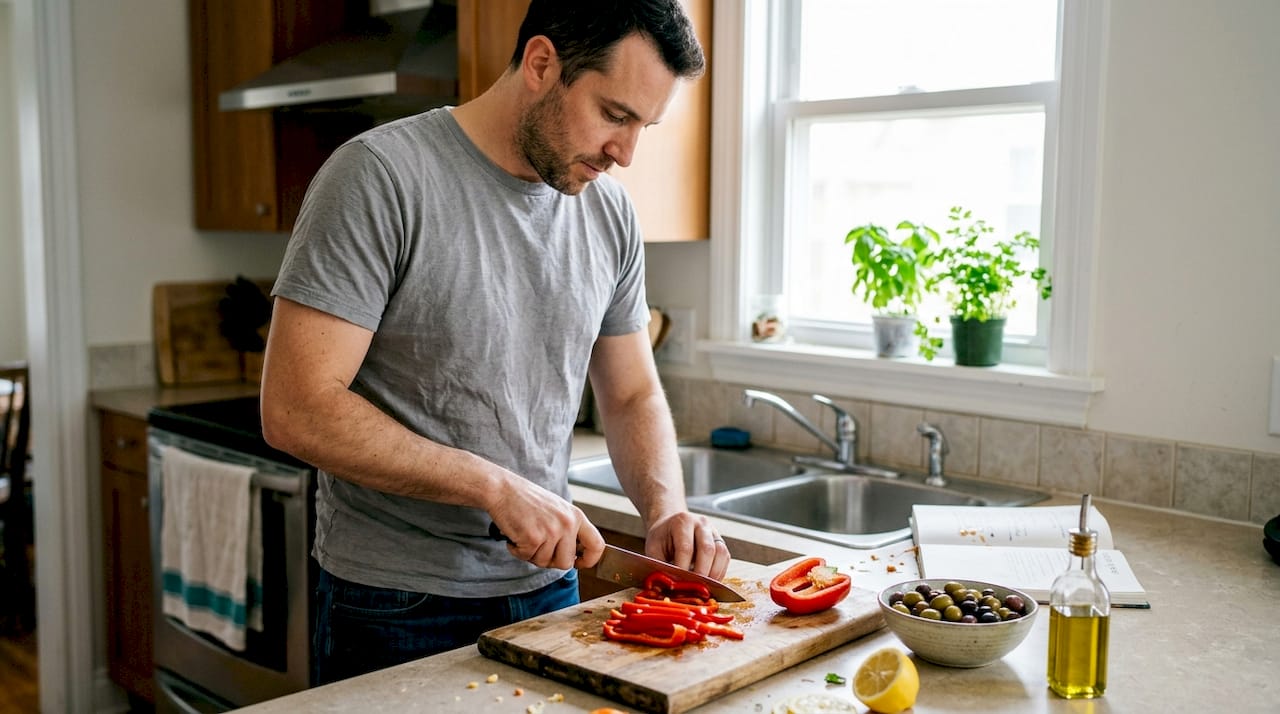 Man preparing healthy Mediterranean meal