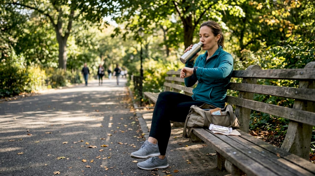 Woman tracking activity on park bench