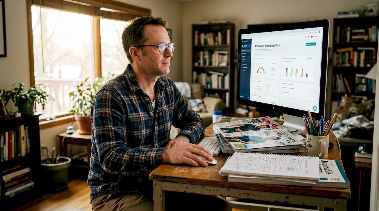 Man reading health biomarker report on screen