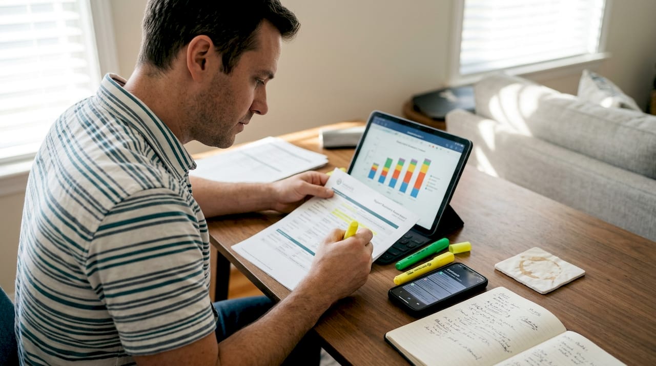 Man reviewing biomarker report at home