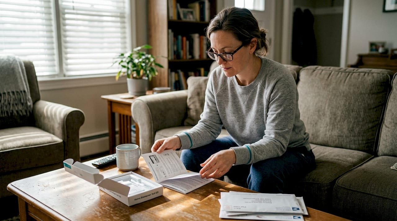 Woman prepares home biomarker test on sofa