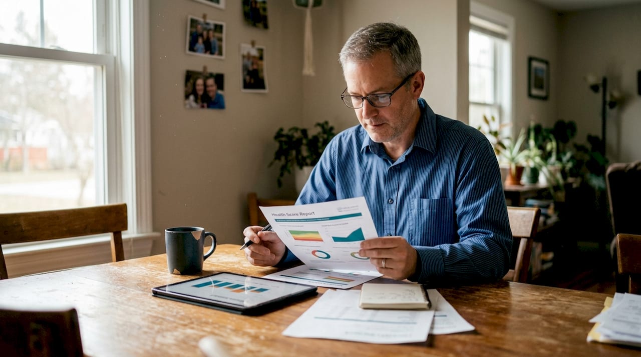 Man reviewing health score report at dining table