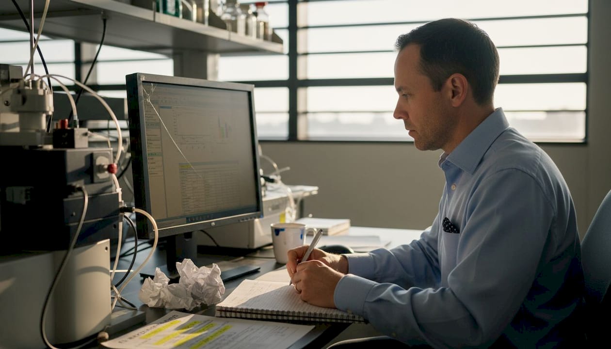 Scientist reviewing hydrolysis analysis results