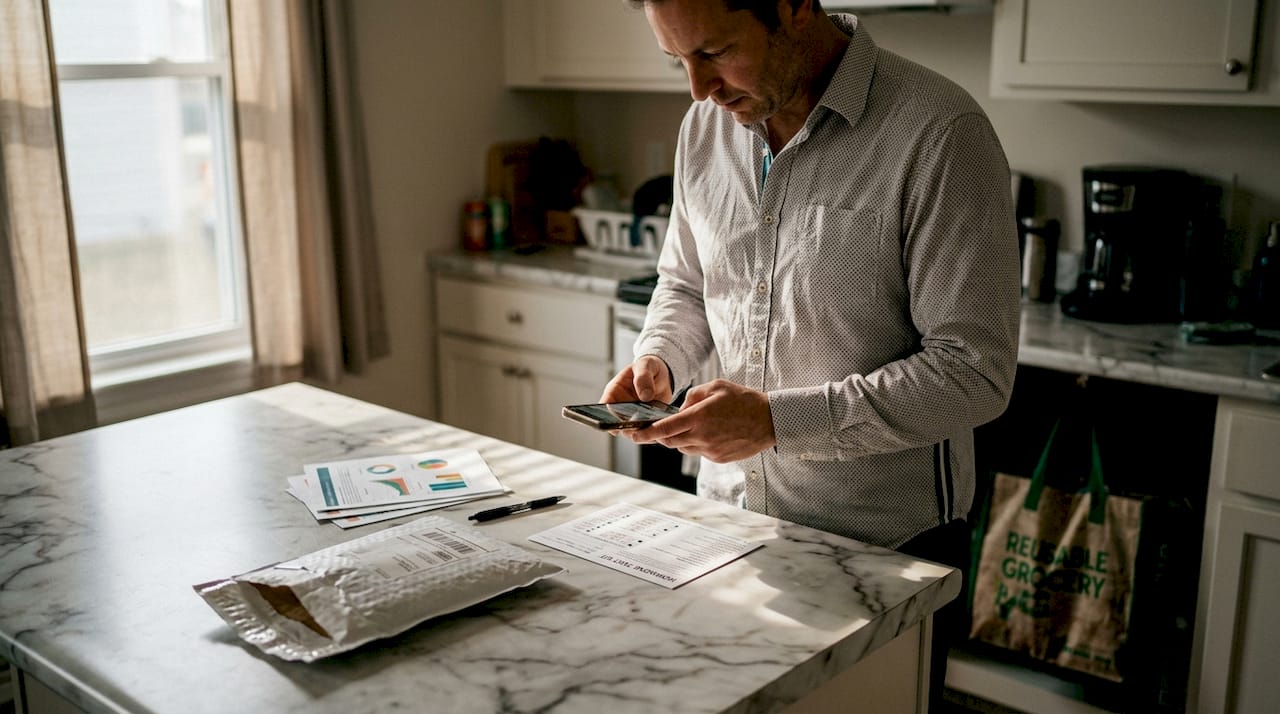 Man photographing hormone sample card at kitchen island