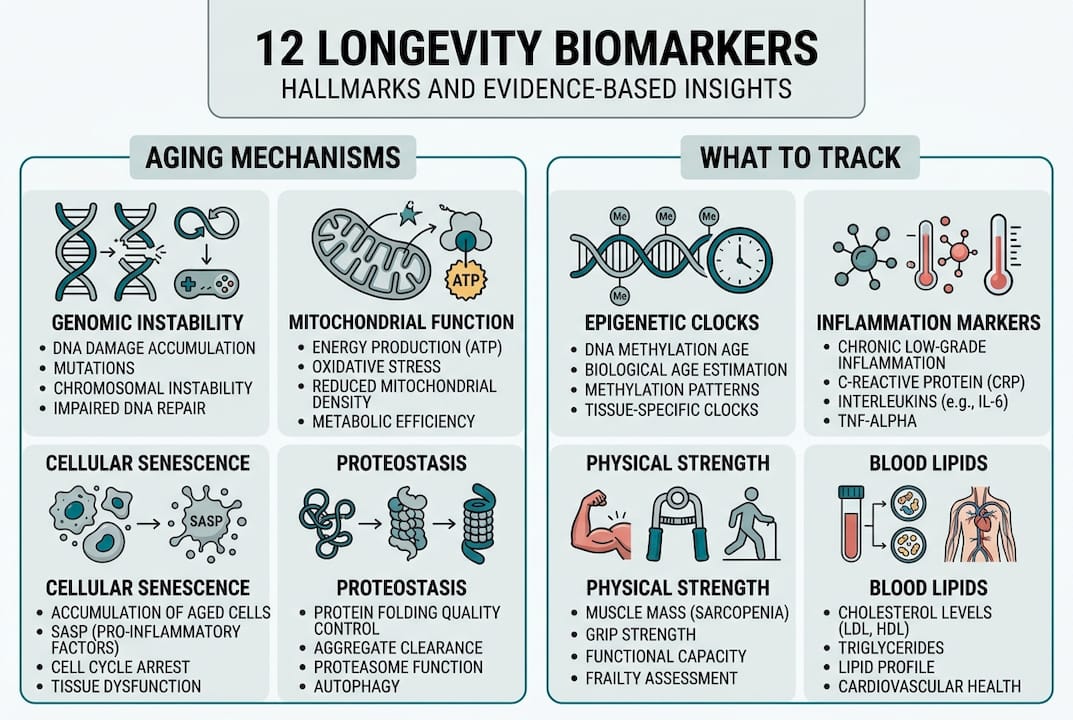 Infographic of 12 longevity biomarkers and frameworks