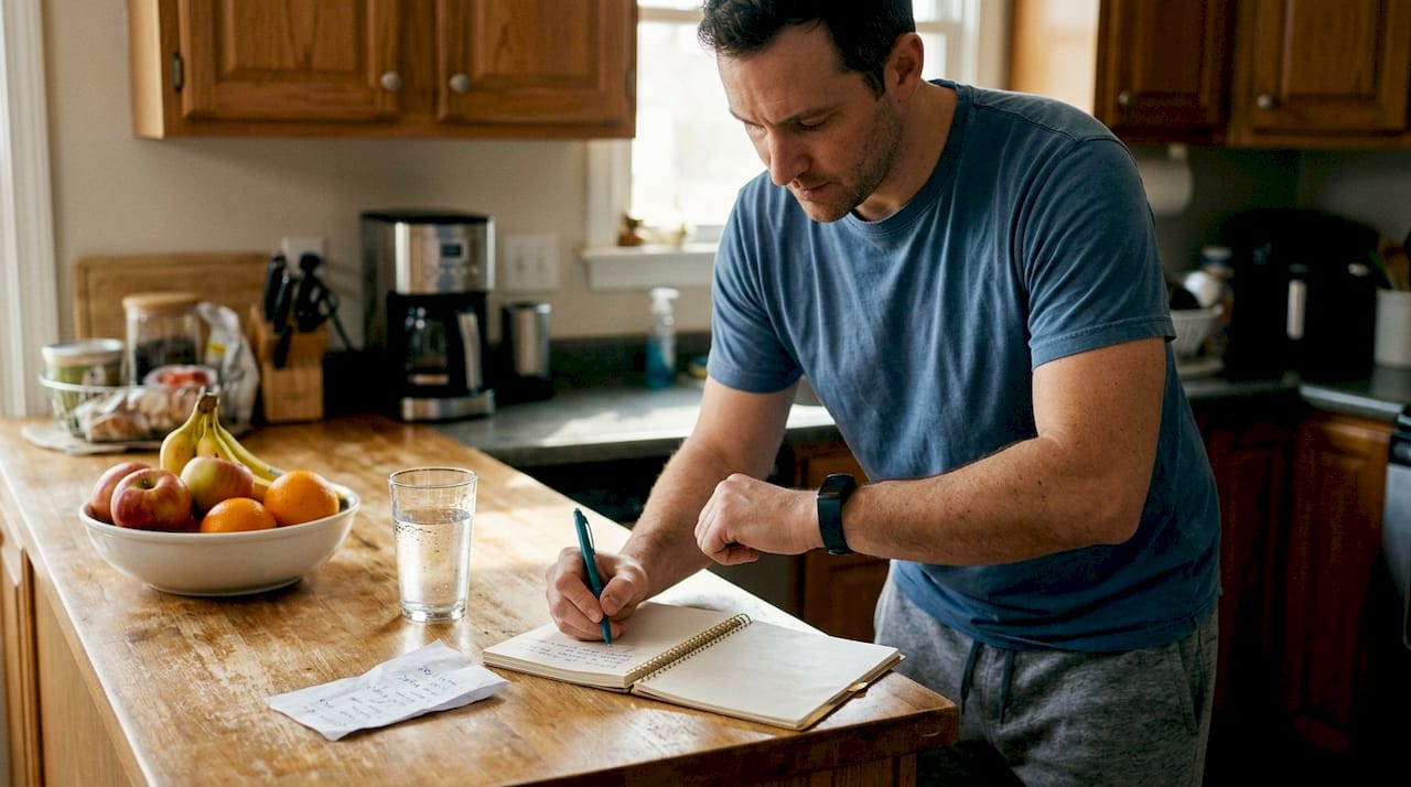 Man using fitness tracker and notebook