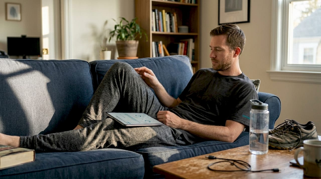 Athlete reviewing health data in living room
