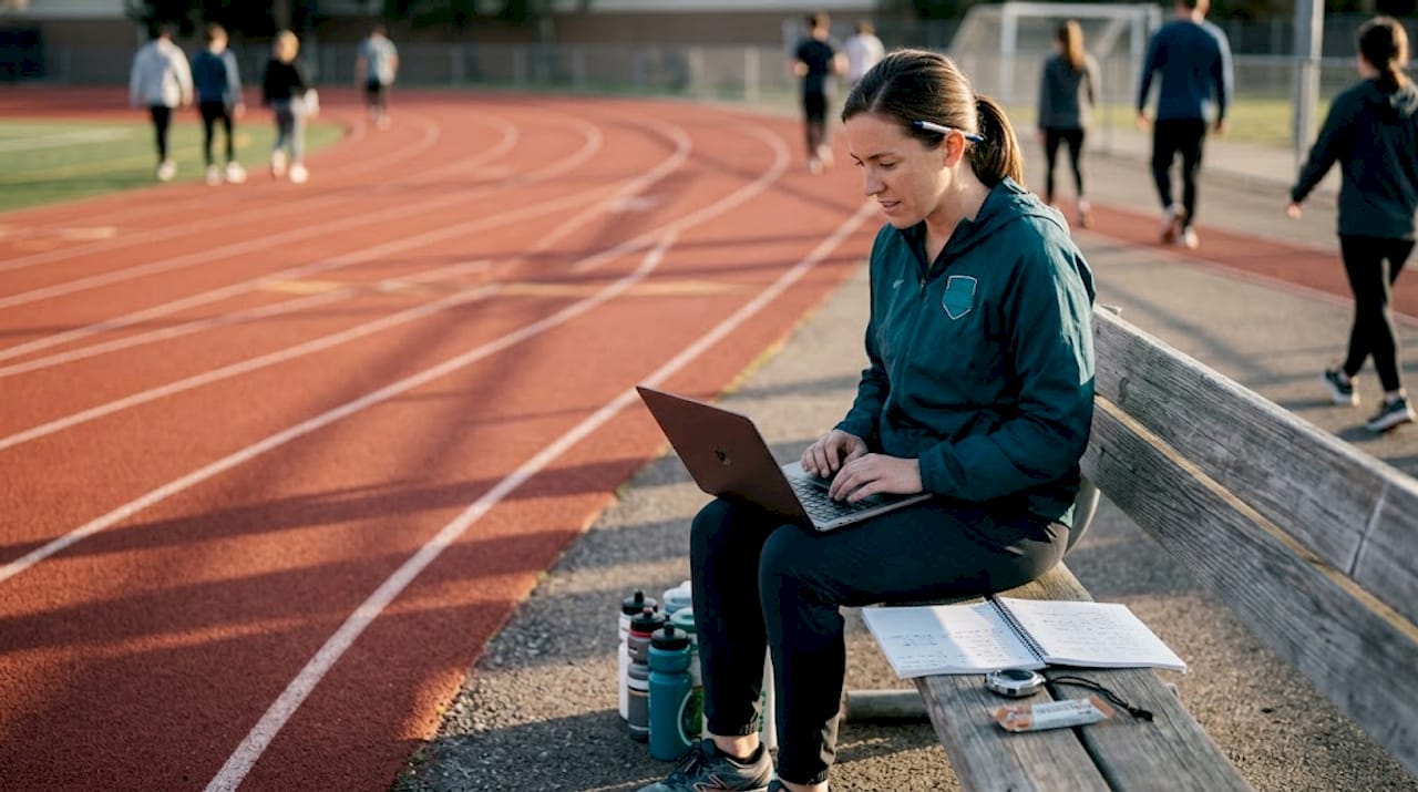 Coach analyzing data by running track