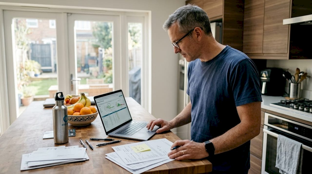 Man reviewing metabolic test results at kitchen island