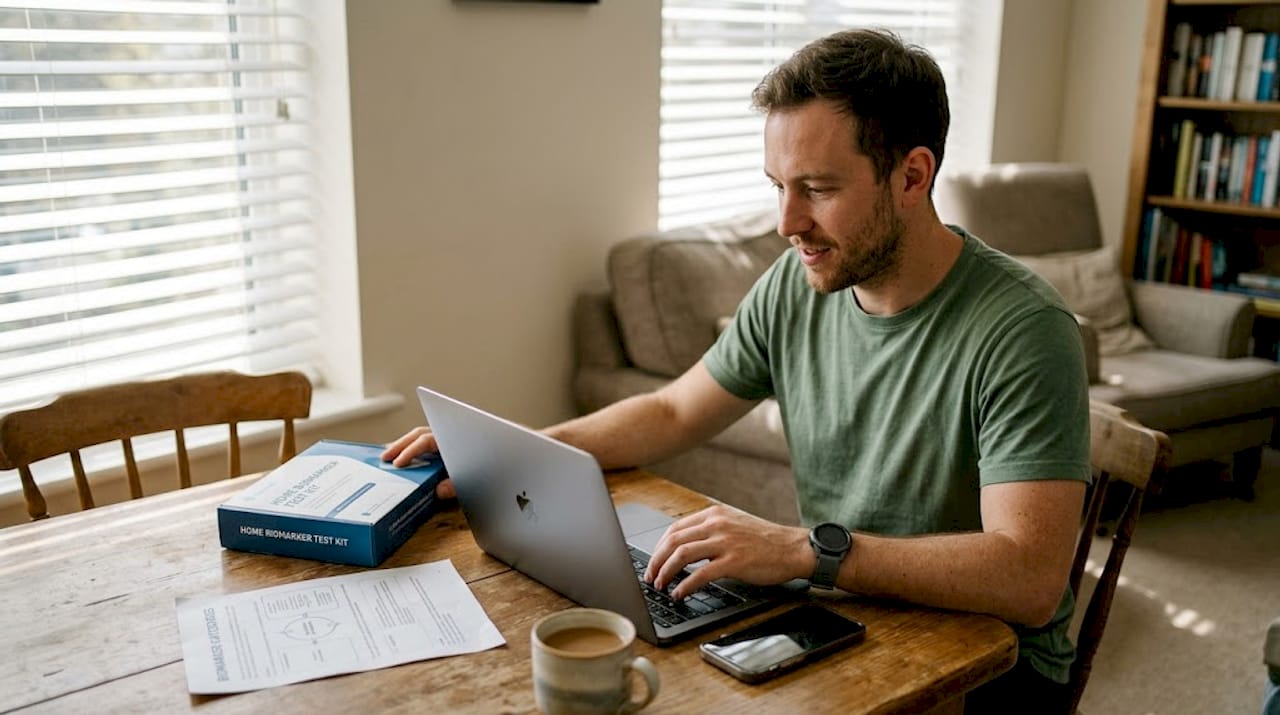 Man inputting wellness biomarker test data