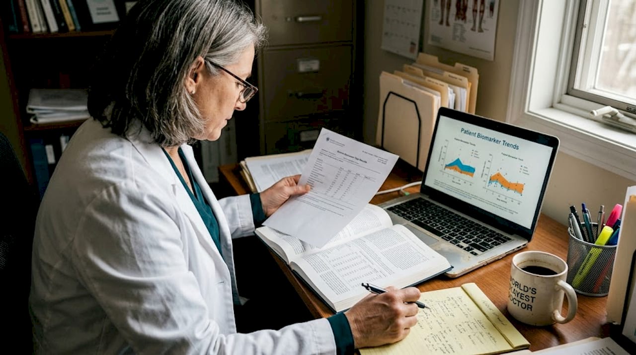 Physician interpreting patient biomarker data