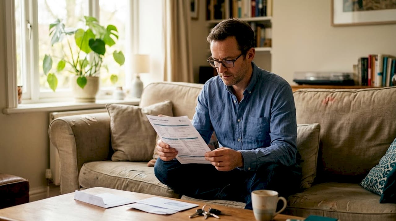 Man reading metabolic health report at home