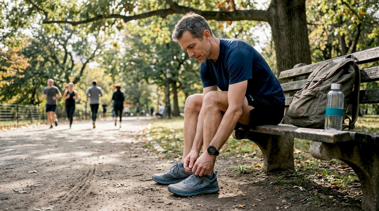 Athlete reviewing smartwatch biomarkers in park