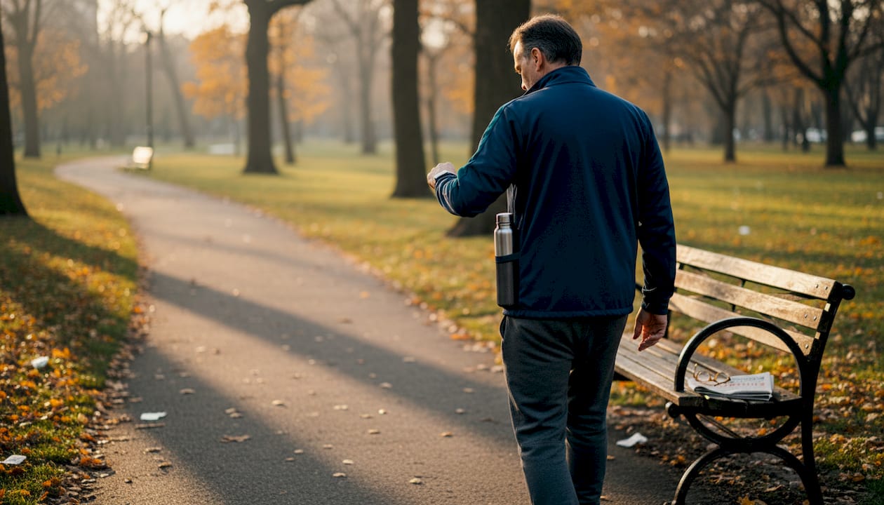 Man checking fitness tracker while walking